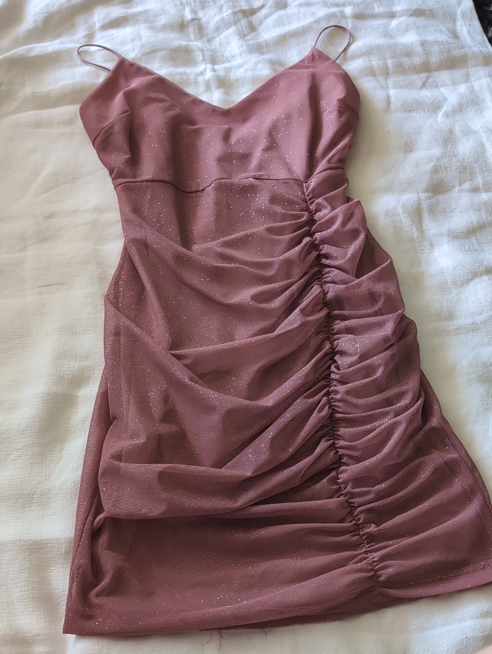 Windsor Shimmery Ruched Slip Dress in Dusty Rose